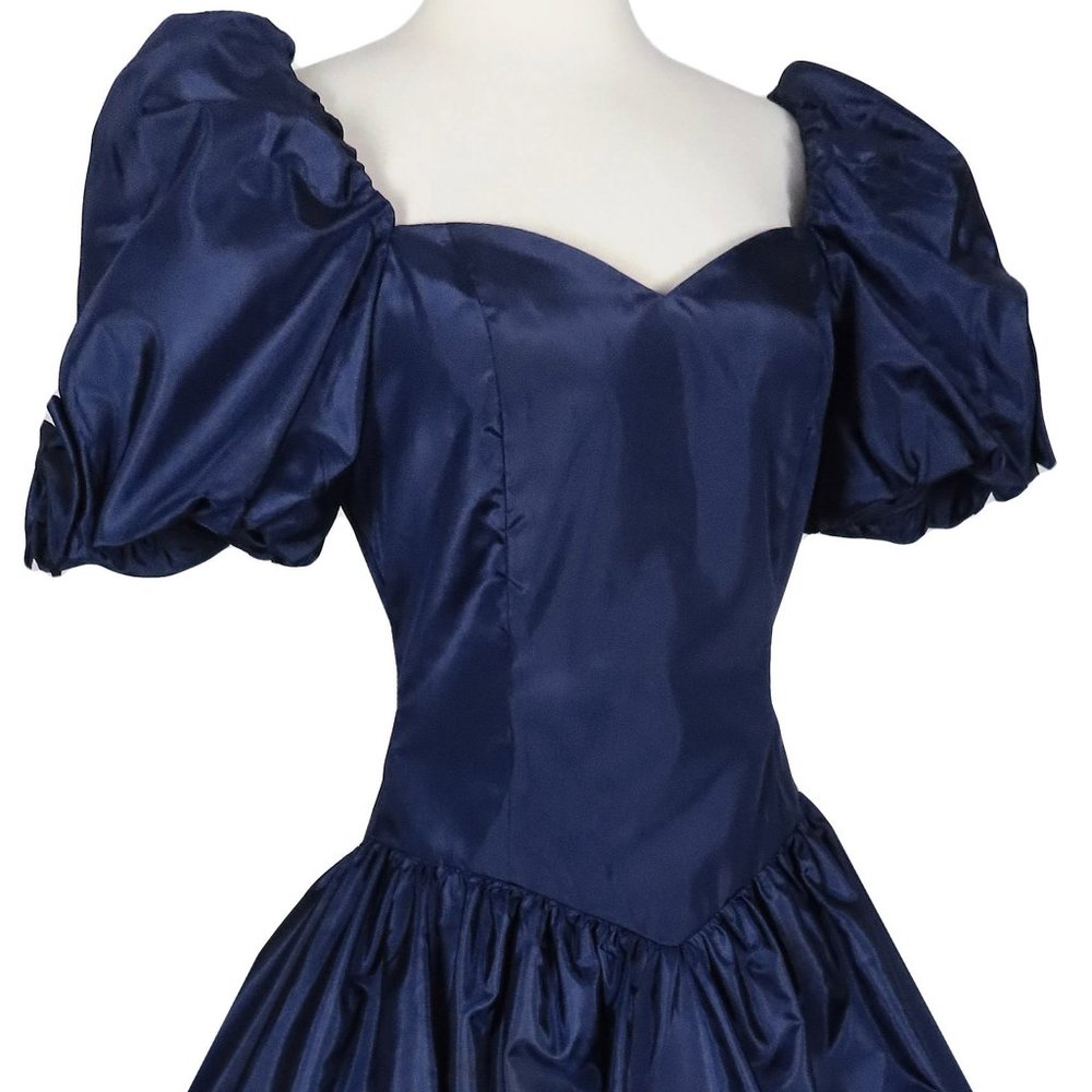 Vintage 80s Navy Blue Taffeta Puff Sleeve Full Skirt Hi Lo Prom Party Dress XS - Picture 4 of 10